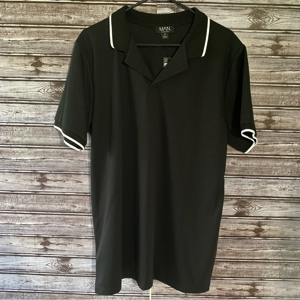 Boohoo Man Men's Revere Collar Short-Sleeved Polo Shirt Sz L/XL Black White NWT